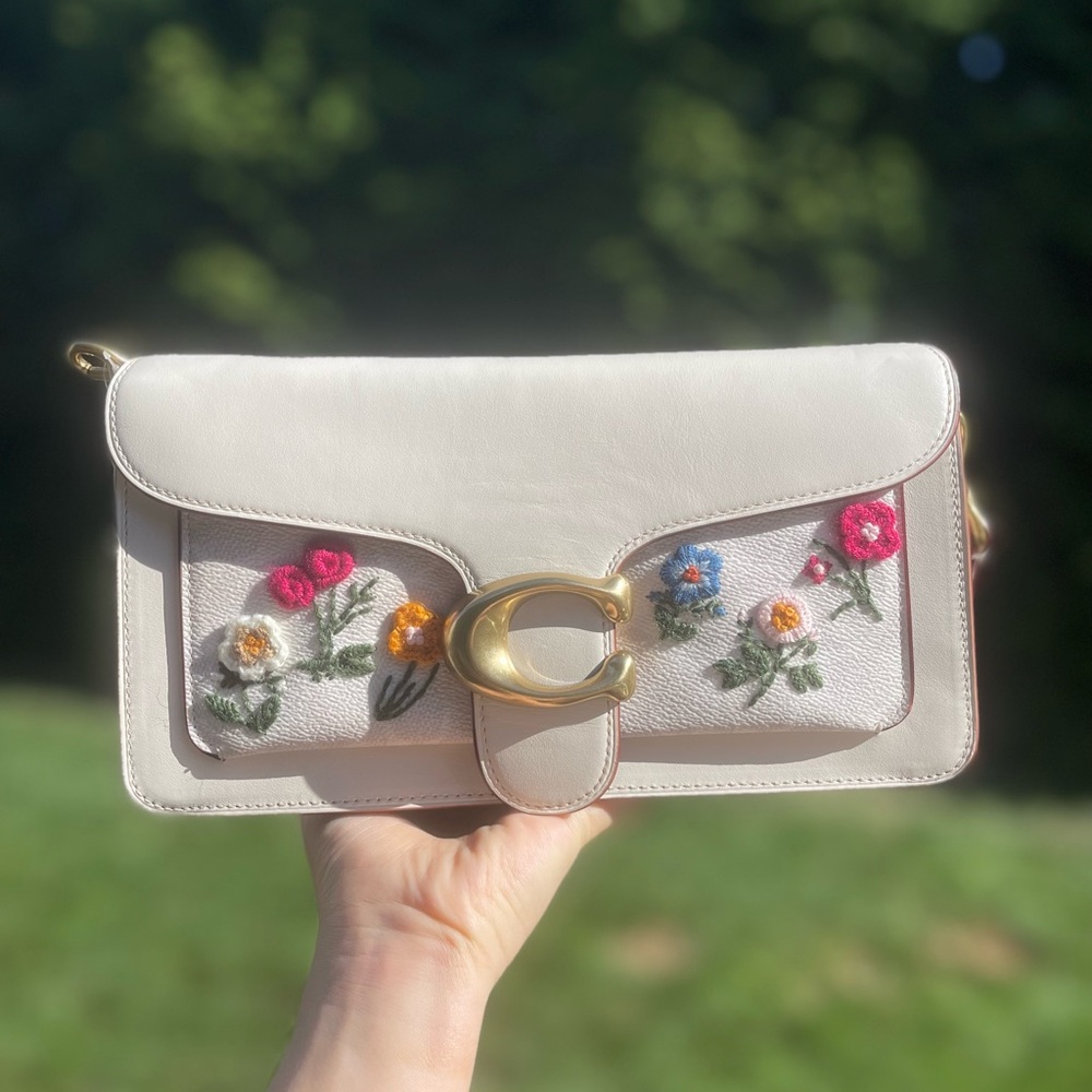 Coach Cream Leather Floral Embroidered Clutch with Gold Hardware